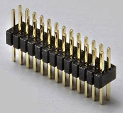 Electronic pin header connector with two rows of golden pins, used for electrical connections in electronic devices.