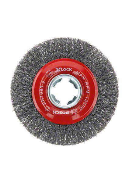 A round wire brush with metal bristles and a red central section. Suitable for cleaning and grinding work on metal surfaces.