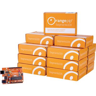 Ten orange-coloured cardboard boxes labelled 'Segments328' are stacked up, with a red circuit board nearby.