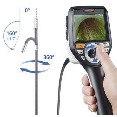 A person is holding an endoscope device with a flexible cable and a camera. The display shows an internal image.