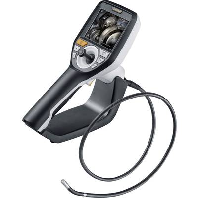 A portable endoscope with a flexible cable and a small screen showing gears in close-up.
