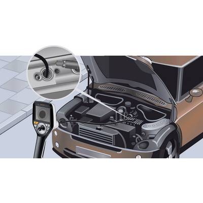 A car with an open bonnet. An area is magnified, showing spark plug connectors and a diagnostic tool checking the condition.