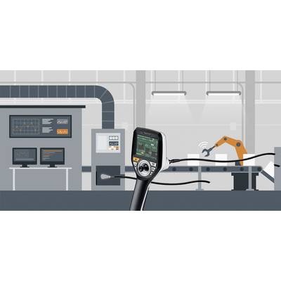 A modern factory hall production process with a handheld device in the foreground. Robotic arms are working in the background.