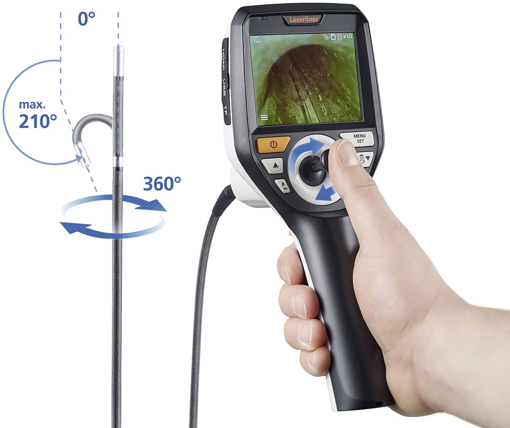 Endoscope in use, showing a flexible probe with camera and control handset. Rotation and bending for precise inspection.