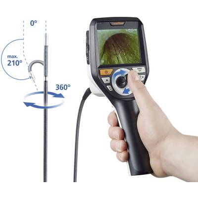 Endoscope in use, showing a flexible probe with camera and control handset. Rotation and bending for precise inspection.
