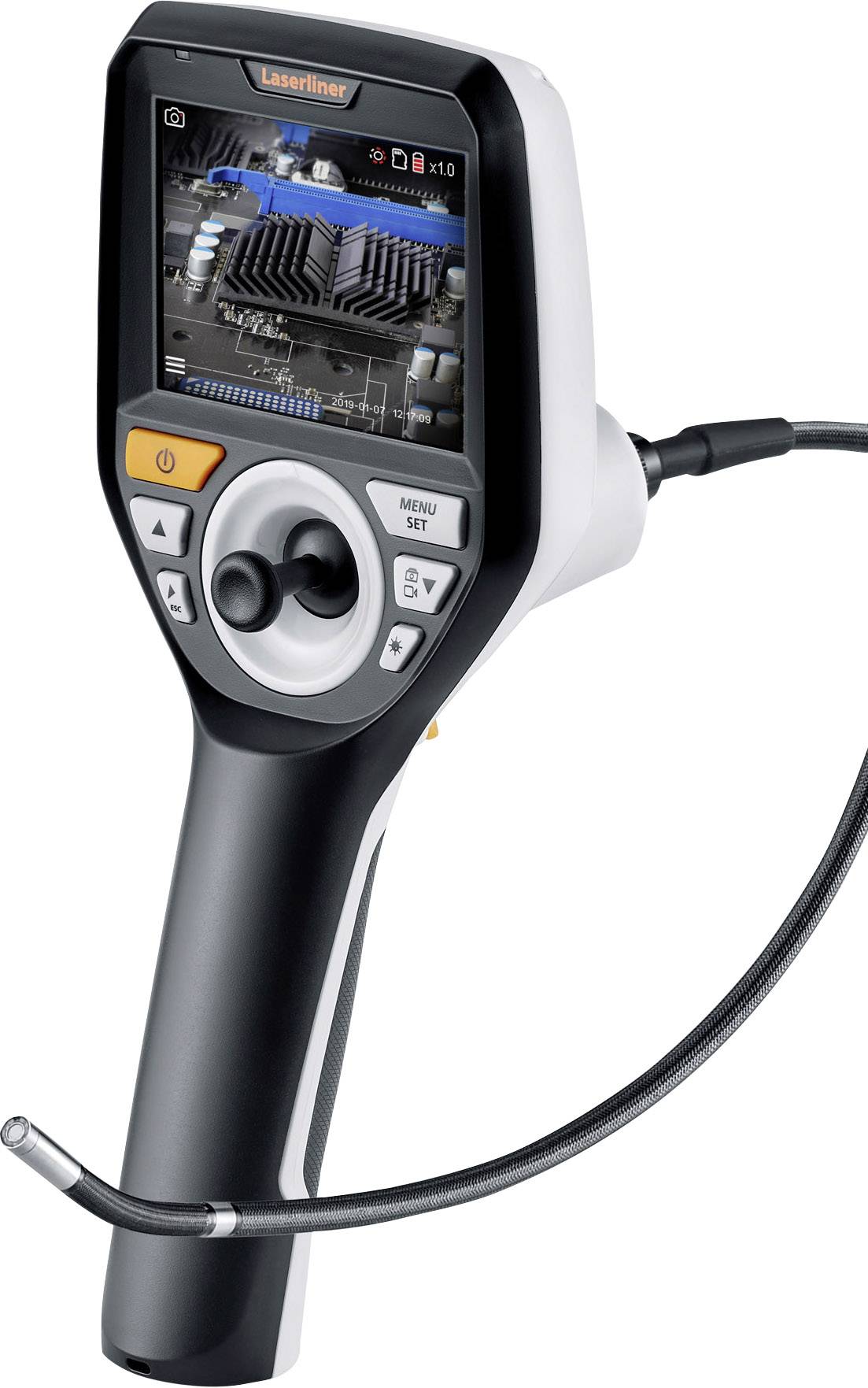 A portable inspection device with a screen displays an internal image of a machine or structure to examine hard-to-reach areas.