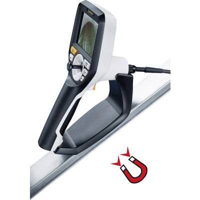 Hand-held measuring device for material inspection identifies characteristics of metal surfaces. Plastic handle and display with control buttons visible.