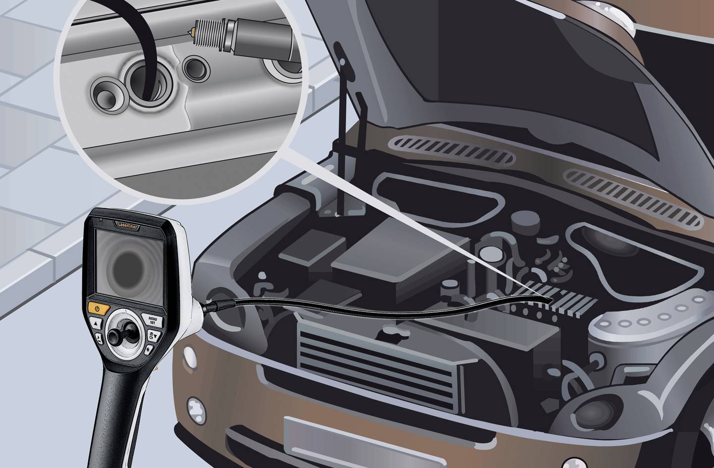 A vehicle inspection device is used for diagnostic purposes in a car's engine compartment. Close-up shows connection point in the engine.