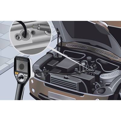 A vehicle inspection device is used for diagnostic purposes in a car's engine compartment. Close-up shows connection point in the engine.