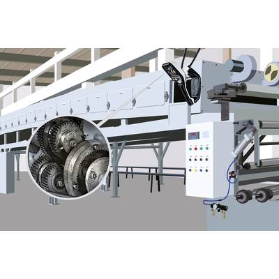 Industrial machine in a factory hall, close-up of mechanical gears. Control panel with buttons and displays, modern environment.