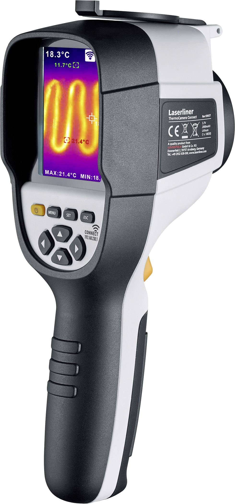 Thermal imaging camera with display showing a thermal image, indicating a temperature range from -15°C to 21.4°C. Company logo on the side.
