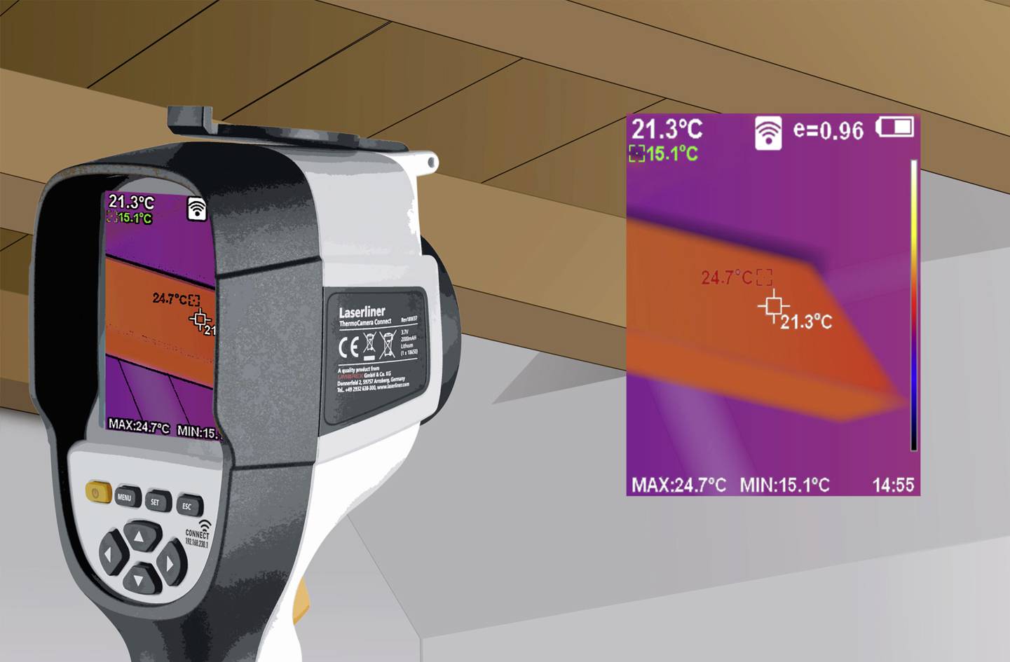A thermal imaging camera displays temperature differences on a wall, with values ranging from 21.3°C to 24.7°C on the display.