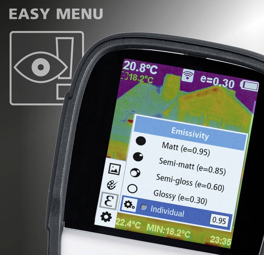'Display of a thermal imaging device with various emissivity options: Matt, Gloss, High-Gloss. Current temperature: 22.4°C.'