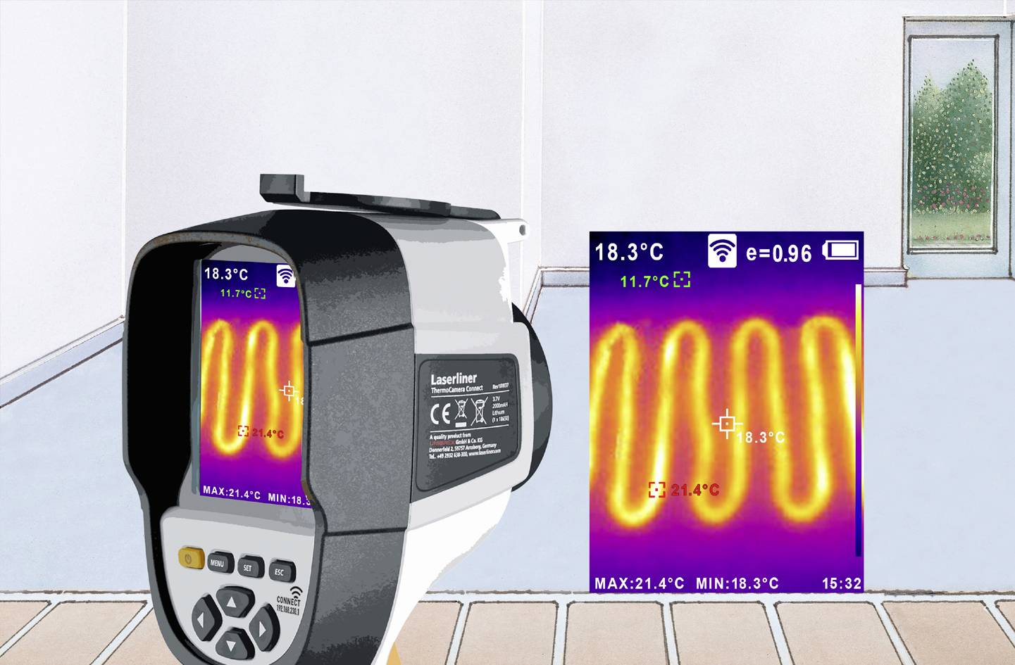 A thermal imaging camera shows underfloor heating pipes with temperatures between 18.3°C and 21.4°C in a room.