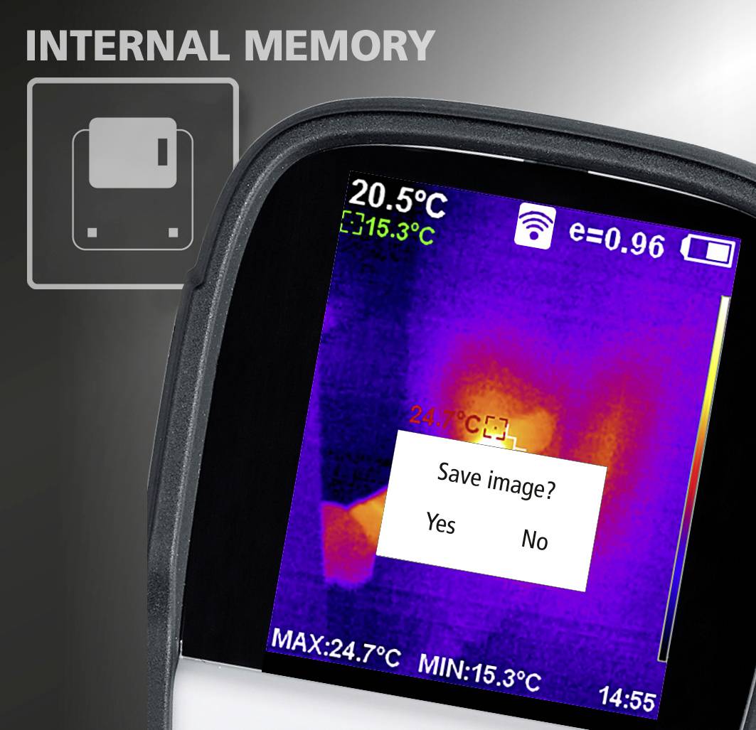Thermal imaging camera screen shows temperature measurement of 24.7°C in red and purple. A dialogue asks: 'Save image?'. At the top it reads 'INTERNAL MEMORY'.