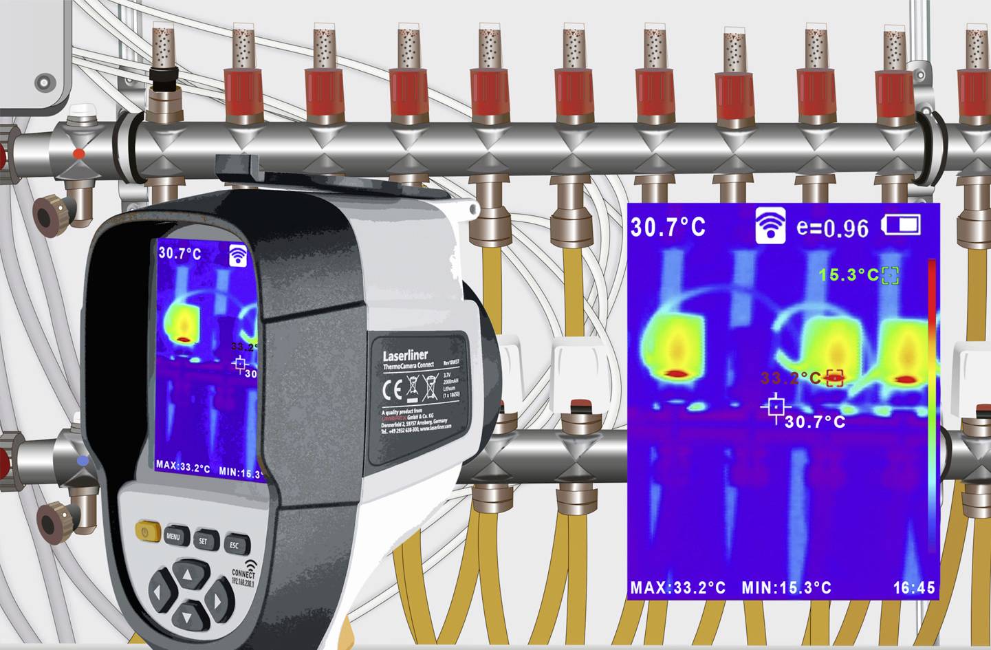 Thermal imaging camera measures temperature variations in pipes, highlighting hot areas in red. Instrument display shows temperature data.