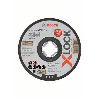 'Bosch X-Lock Cutting Disc for Metal and Stainless Steel, 125 mm diameter, 30% increased lifespan. Includes warning notices and safety certifications.'
