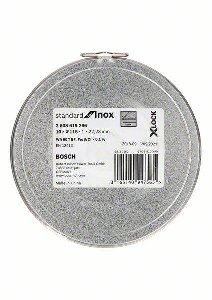 A round metal disc with a label, displaying technical specifications and manufacturing information, produced by Bosch.