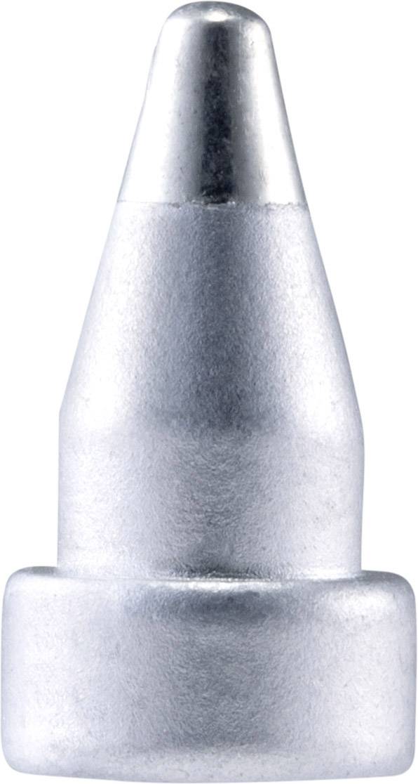 Silver air rifle pellet with a pointed head, smooth polished surface, and wide base for use in sport shooting.