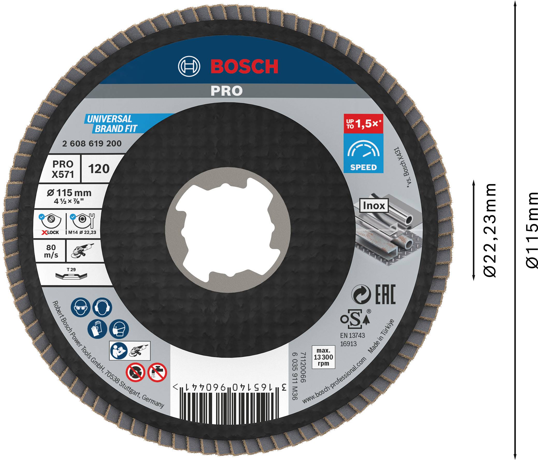 Bosch grinding disc, PRO X571, diameter 115 mm, for metal and stainless steel, with Speed Sign, EAC marking and product information.