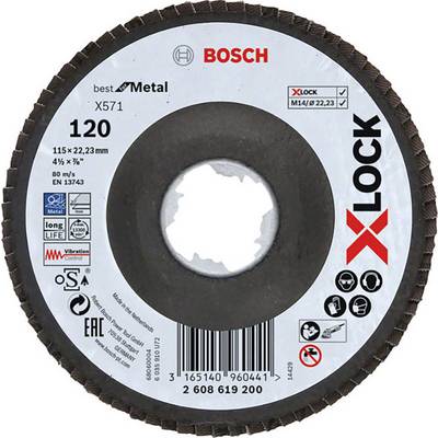 'Bosch X-LOCK Grinding Disc for Metal, 120 Grit. Dimensions: 115 x 22.23 mm. For grinding metals, X-LOCK quick-change system.'
