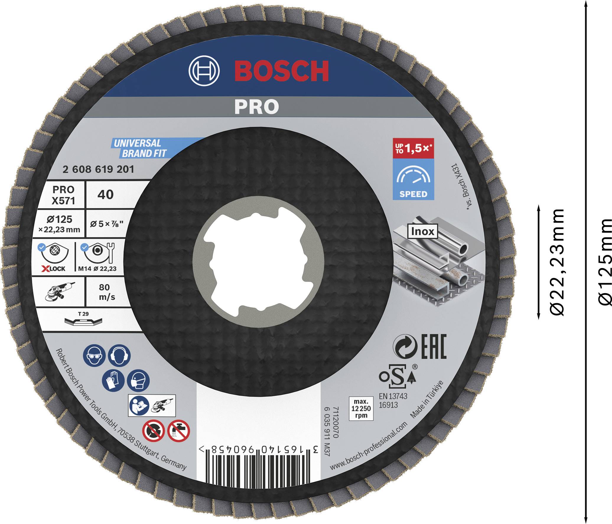 Bosch grinding disc, model PRO, Ø125 mm, suitable for stainless steel. Shows product specifications and speed symbol.