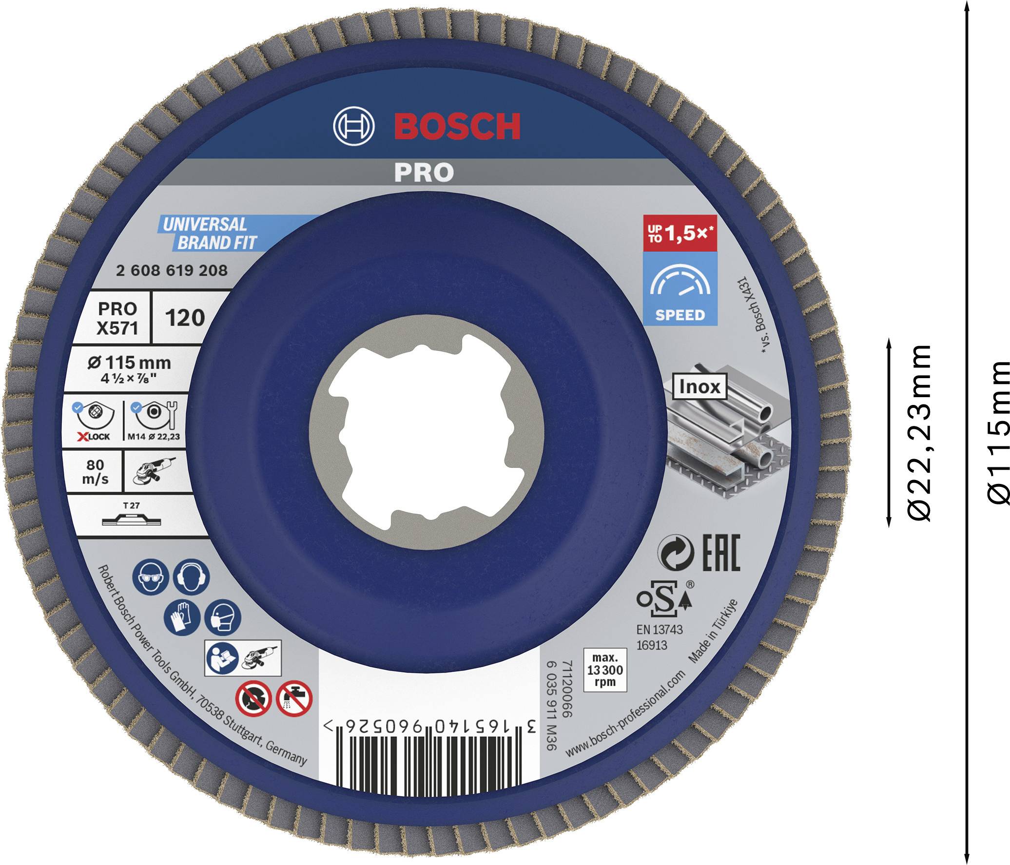 'Bosch PRO' grinding disc for angle grinder with 115 mm diameter, 22.23 mm bore, 120 grit, max. 13,300 RPM.