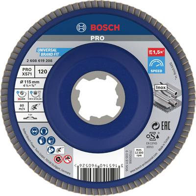 Bosch grinding disc, Pro Model X571, 120 grit, for angle grinder, suitable for stainless steel, maximum 80 m/s, 13,300 rpm.