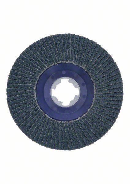 A grinding disc with sanding flaps in fan shape, central mounting hole and blue centre.