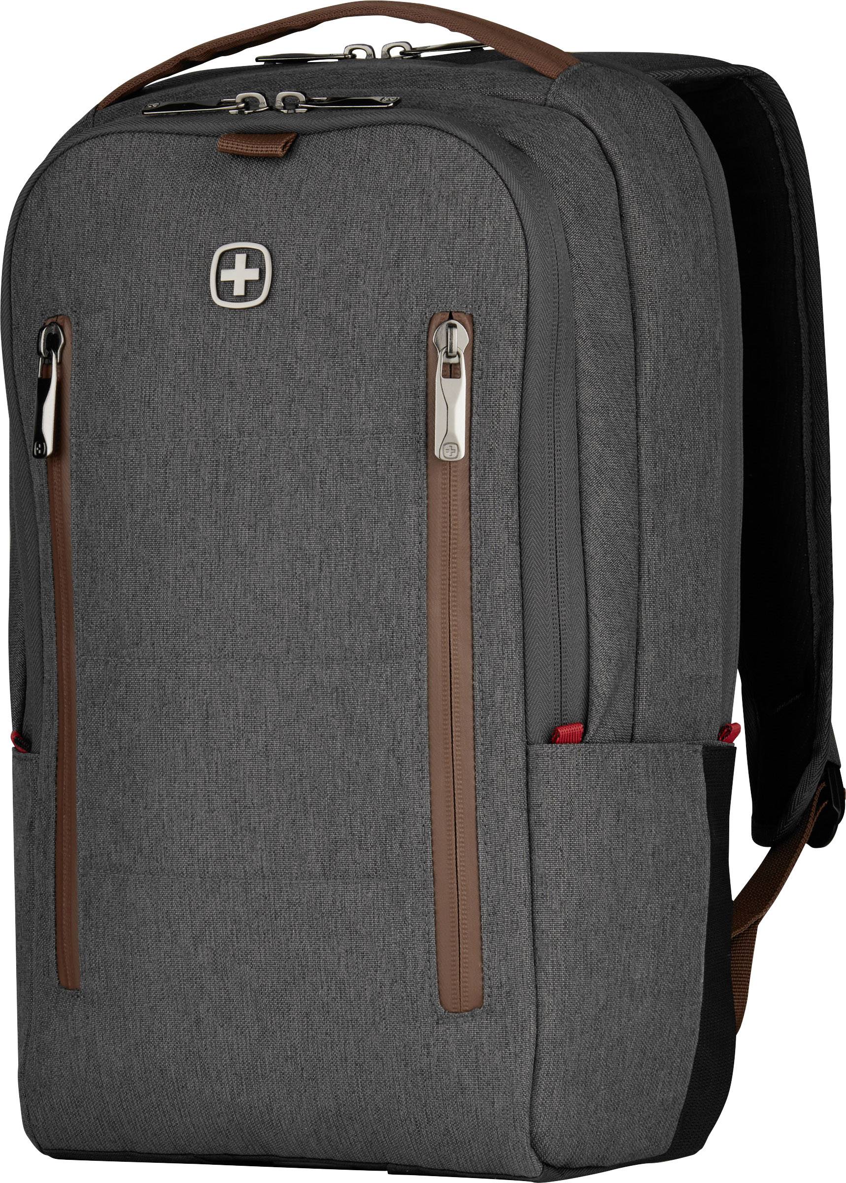 Grey rucksack with brown accents, two front zip closures and a carry handle on top. Modern and functional design style.