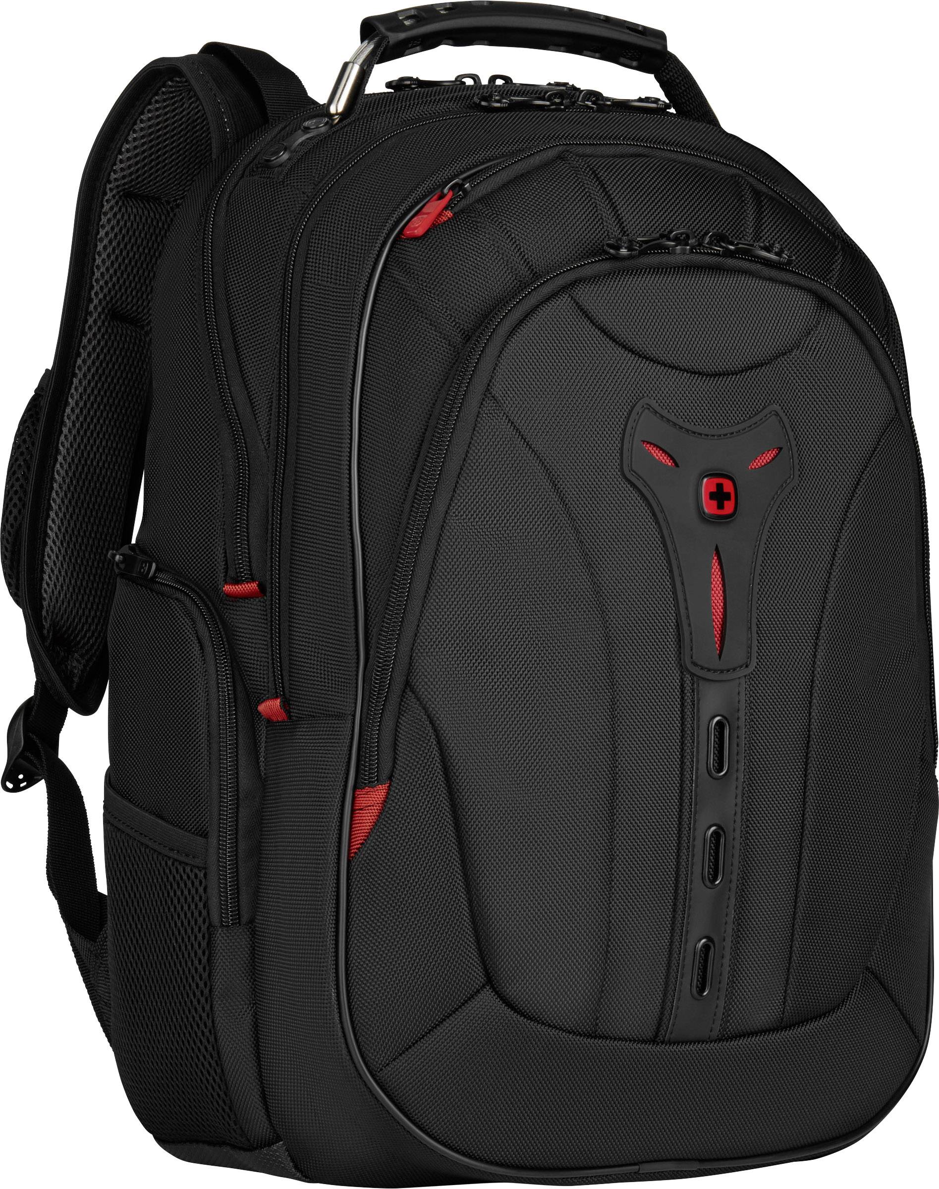A black rucksack with red accents and multiple pockets. The rucksack has a carry handle and padded shoulder straps.