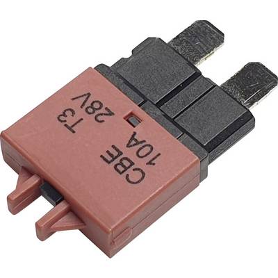 A red, rectangular 10A circuit breaker for 28V systems with two metal contacts. Inscription: 'CBE T3 10A 28V'.