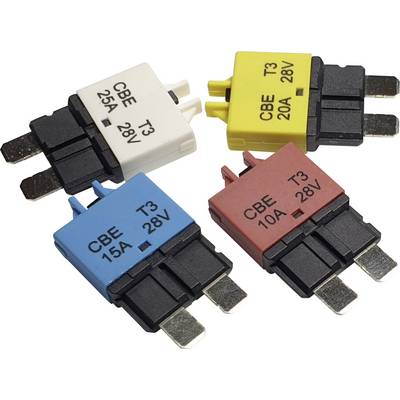 Four coloured fuses with labels: 'CBE 25A 28V', 'CBE 20A 28V', 'CBE 15A 28V', and 'CBE 10A 28V'. Primary purpose: to indicate current rating.