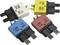 Four coloured electrical fuses marked 'CBE', with current ratings from 10A to 25A and voltage of 28V.