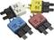 Four fuses in different colours (yellow, blue, red, white), each labelled with 'CBE T3' and varying ampere and volt ratings.
