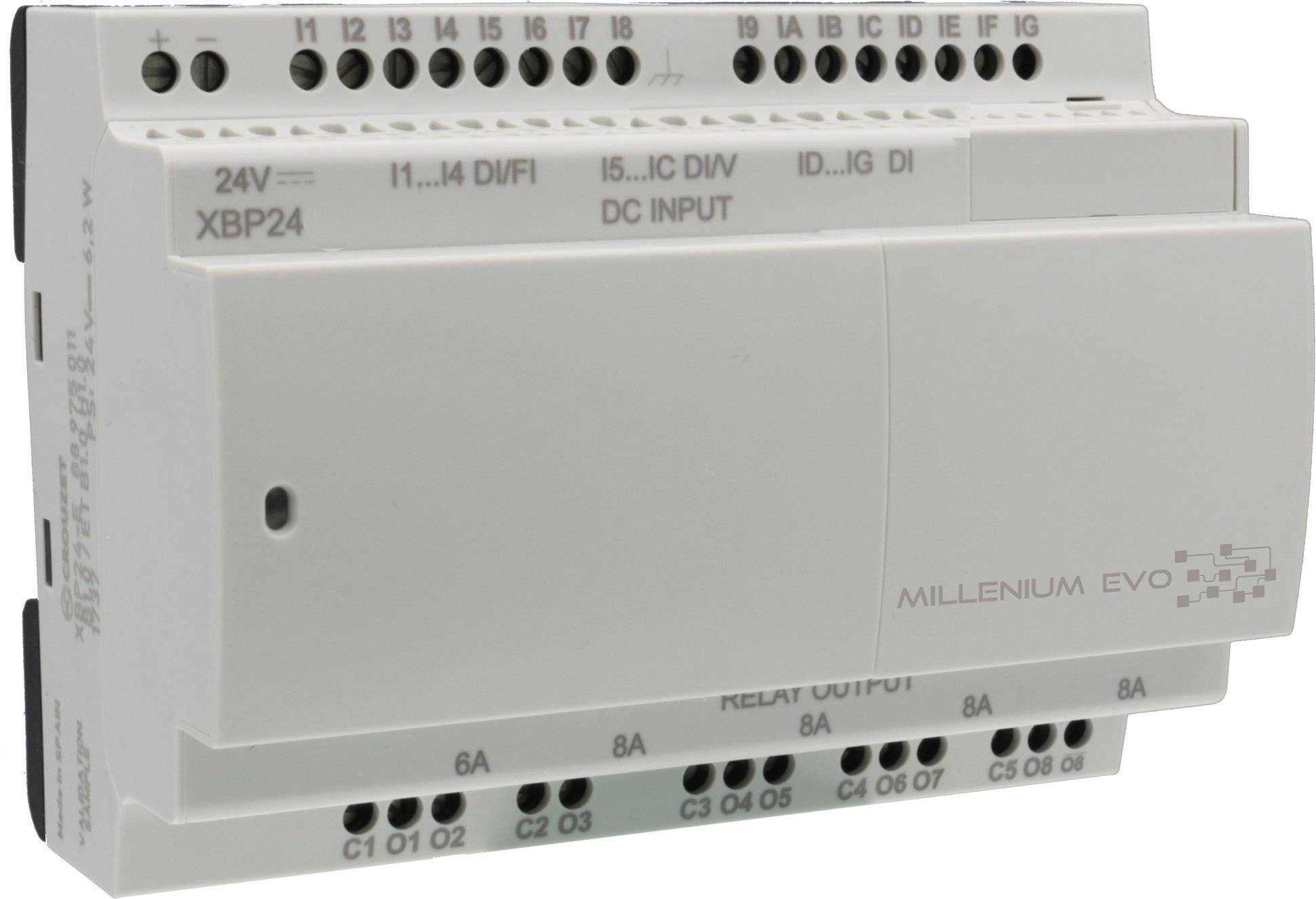 Industrial control unit with labelling 'MILLENIUM EVO XBP24', multiple connections at top and bottom, for technical applications.