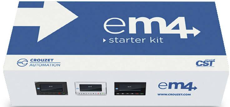 Packaging of the 'em4 starter kit' by Crouzet Automation, featuring illustrations of the available device types on the front side.