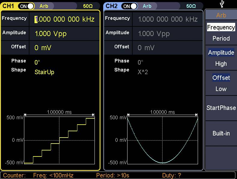 Two oscilloscope channels: CH1 shows a staircase rising, amplitude 1.000 Vpp; CH2 shows a quadratic curve x^2, amplitude 0 mV.