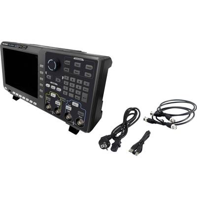 Oscilloscope with multiple ports and control buttons. Cables are placed beside it, including power and data connection cables.