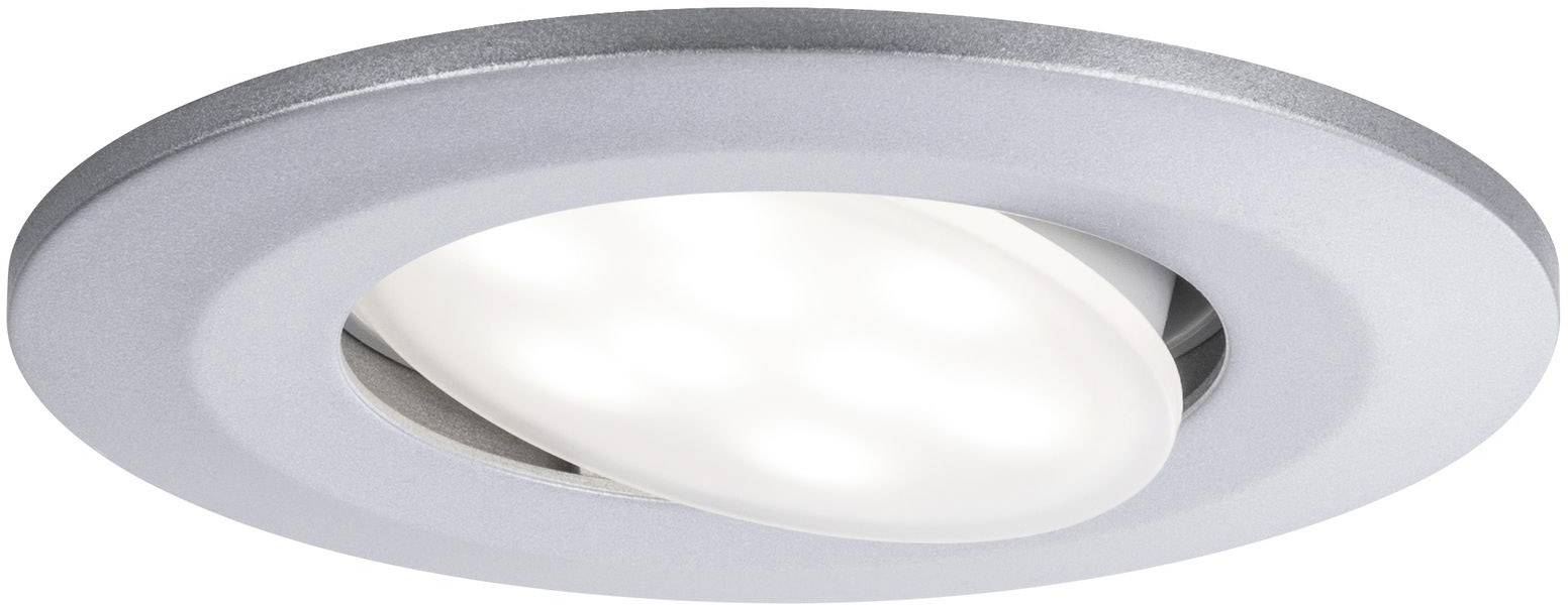 Round LED ceiling recessed light with a silver frame. Energy-efficient and modern, suitable for living or office spaces.