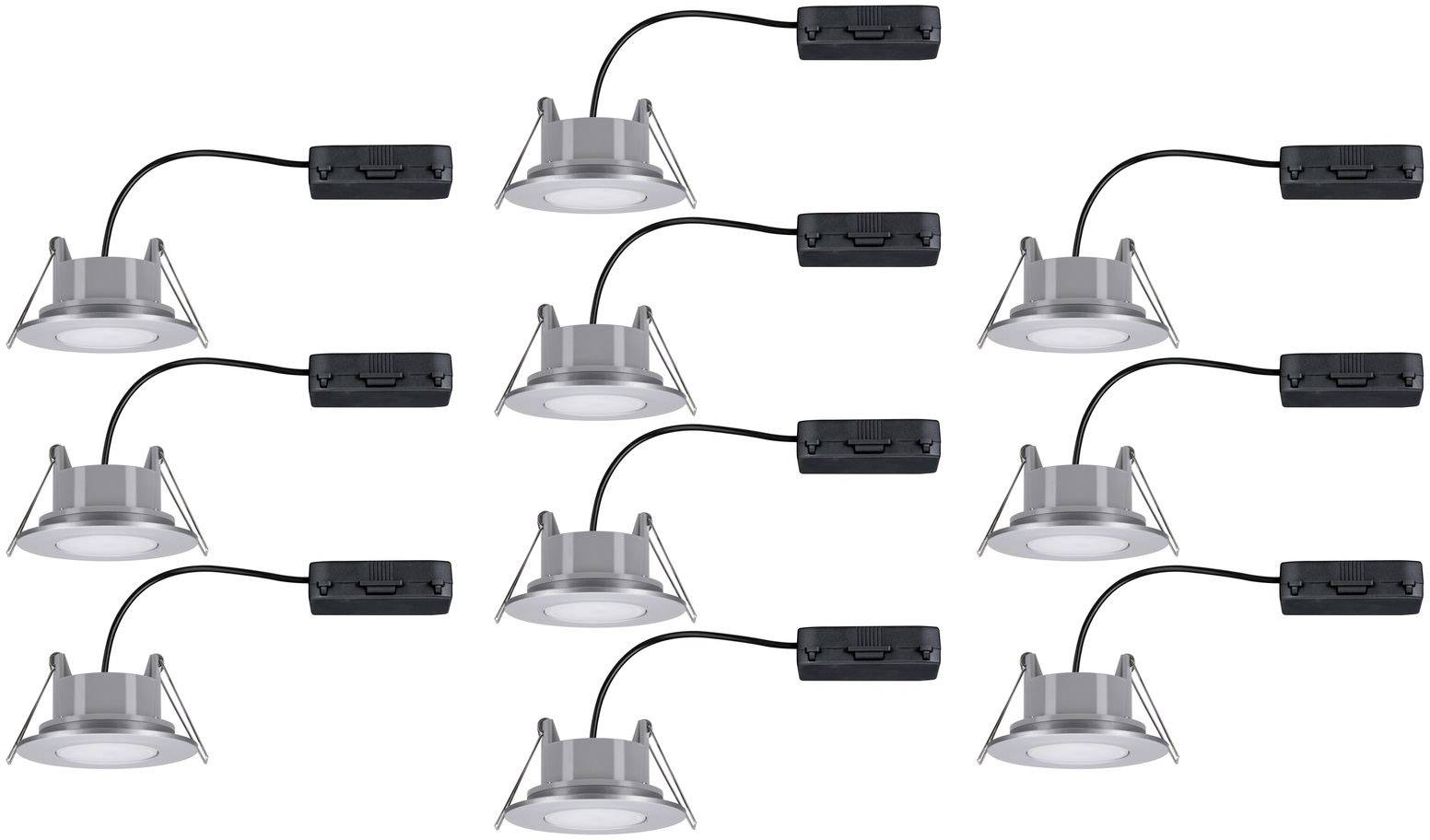 Ten round recessed spotlights in silver colour, connected with black control housings, on a white background.