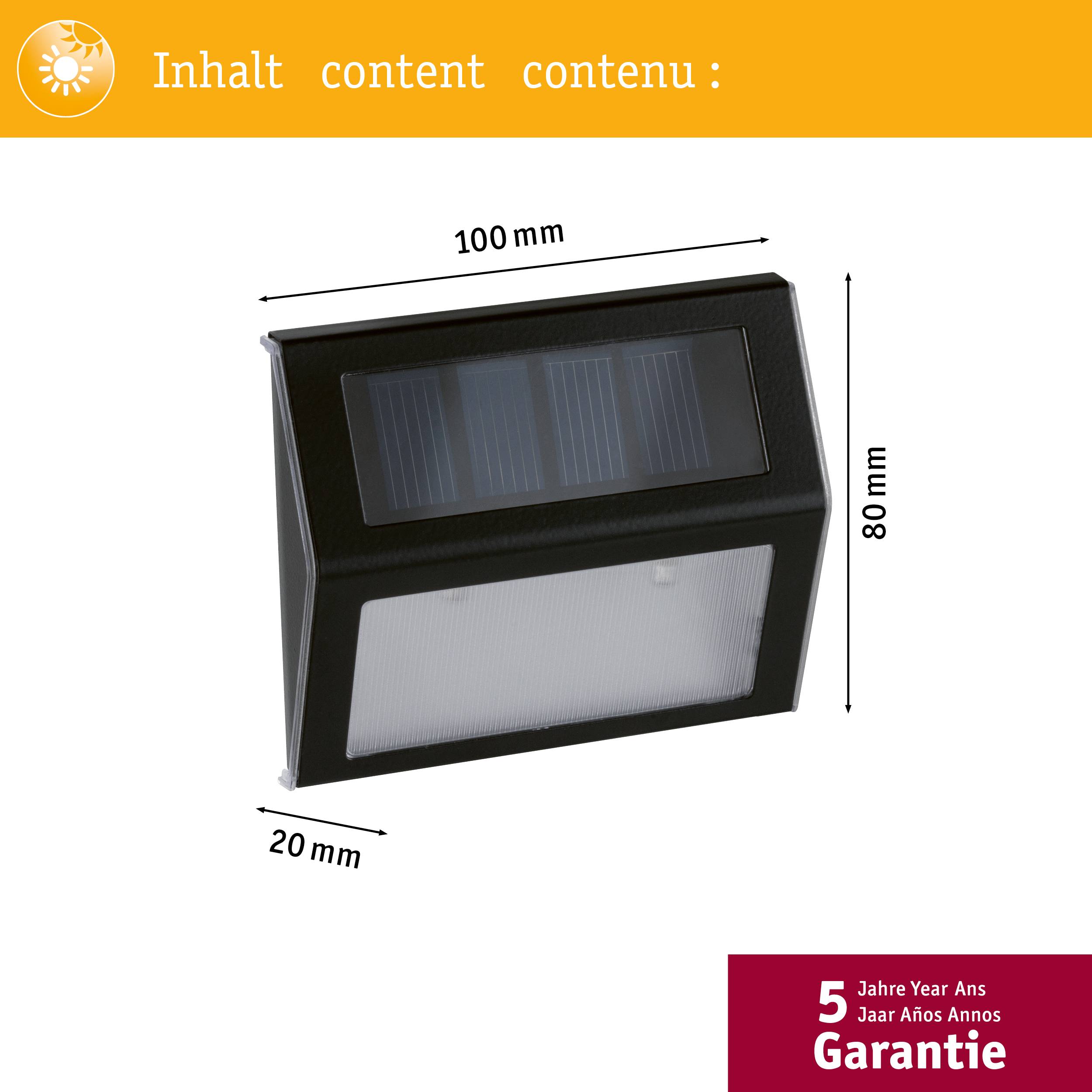A LED solar light measuring 100 mm x 80 mm x 20 mm. At the top it reads 'Inhalt content contenu'. At the bottom: '5 years warranty'.