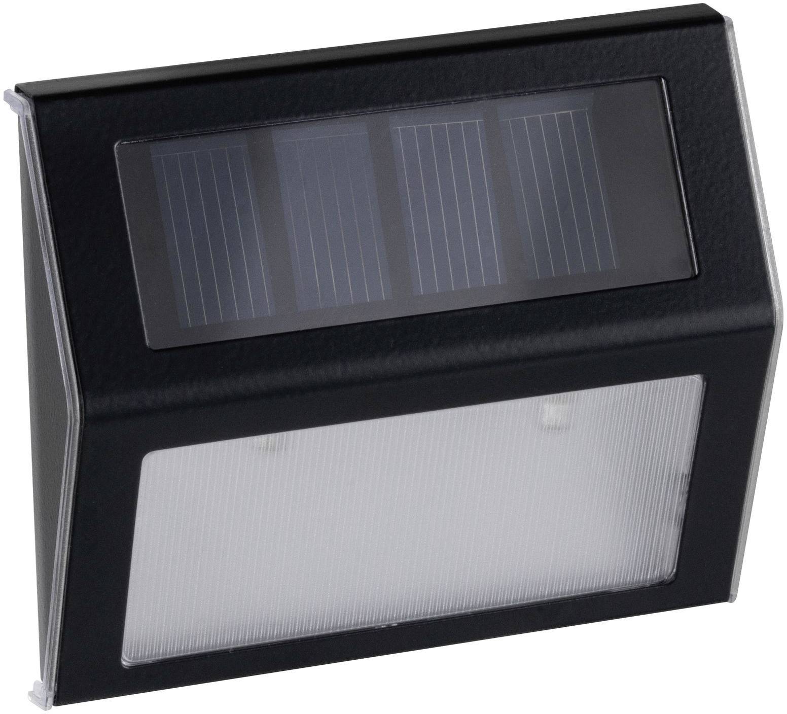 Black solar lamp with rectangular solar panel on top and light diffuser positioned underneath. Suitable for outdoor lighting.