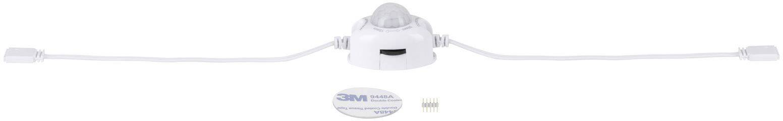 White safety lock for door handles with two side straps and a central locking mechanism.