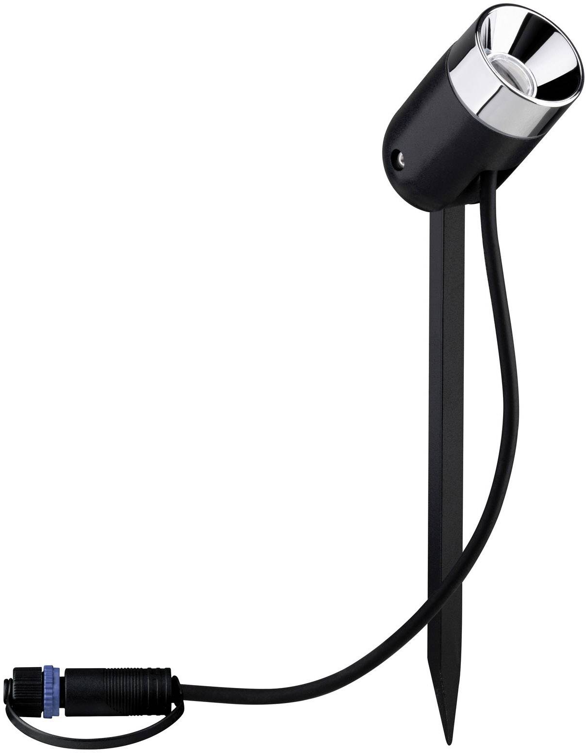 A black garden spotlight with ground spike and connection cable, suitable for outdoor area lighting.