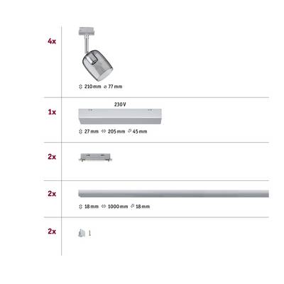 Lighting Set: Four spotlights (Ø 210 mm, 77 mm), one transformer (27 mm, 205 mm, 45 mm), two adapters, two rails (Ø 18 mm, 1000 mm), two end caps. 230V.