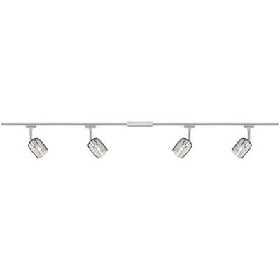 A modern LED ceiling spotlight with four adjustable lights on a horizontal track.