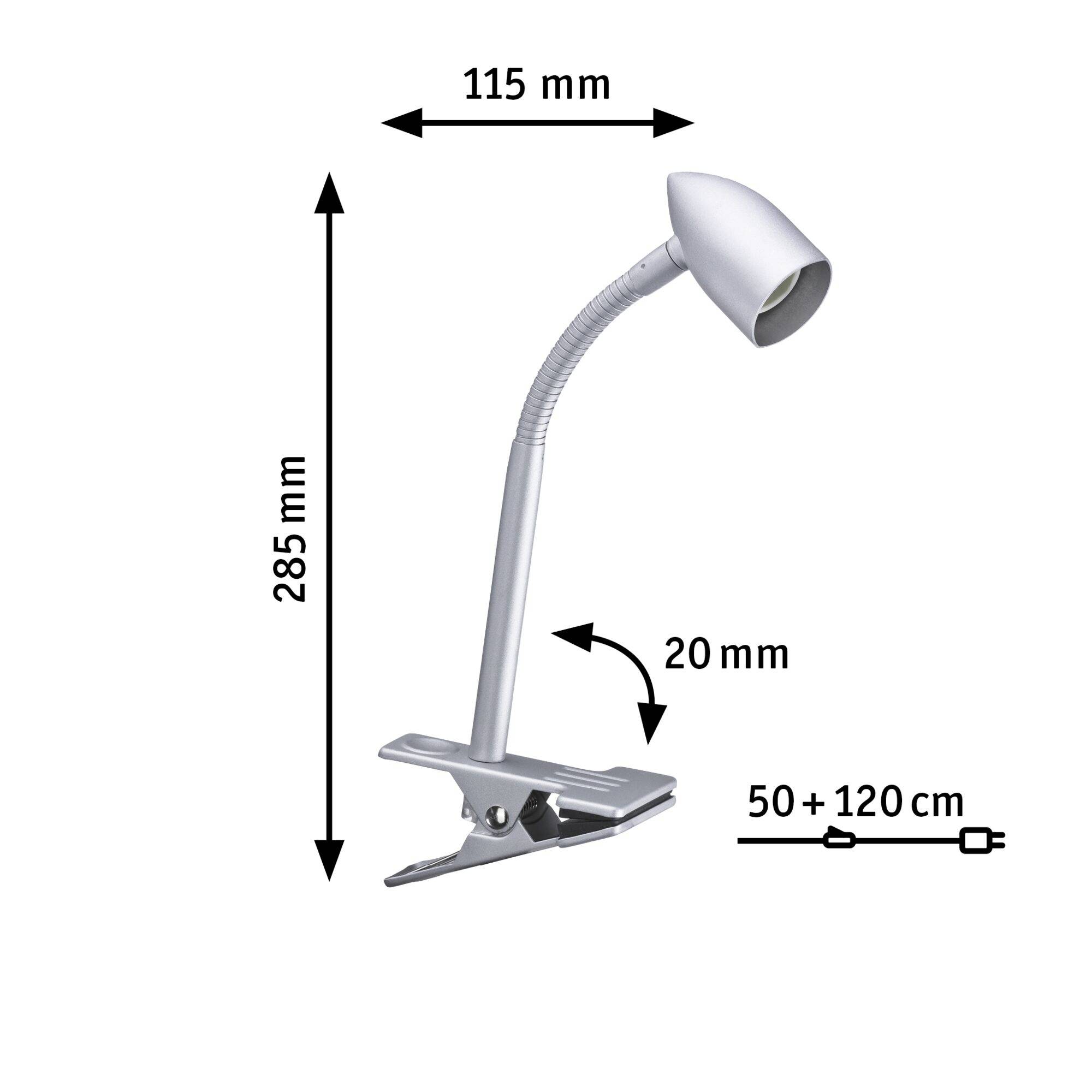 Metal clip-on light, flexible height 285 mm, length 115 mm, clamp opening 20 mm, cable 50 + 120 cm. Ideal for directing the light.
