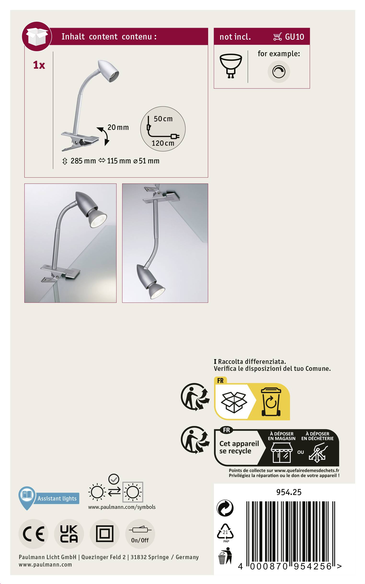 'Instructions for GU10 Lamp: Supplied without light bulb. Examples: Table lamp, Wall lamp, Ceiling light. Energy label and recycling information.'