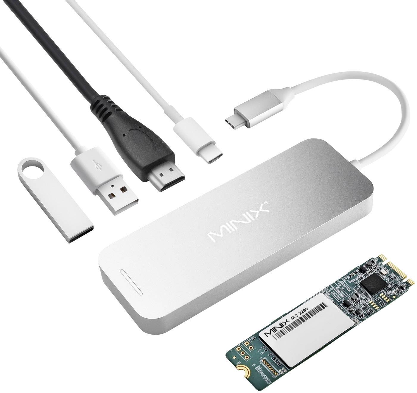 Minix Laptop docking station Grey Compatible with: Apple MacBook, MacBook Air, MacBook Pro Charging function, Built-in SSD